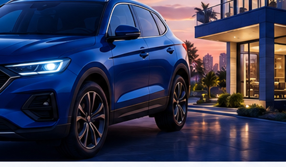 Automóvel azul diante de uma casa moderna